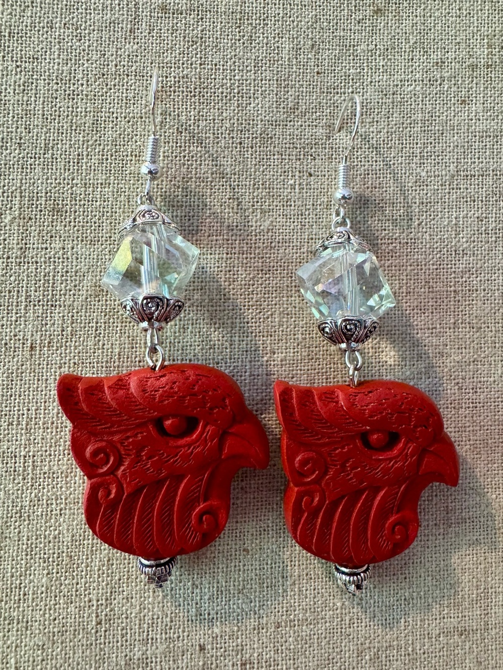 Artisan Red Eagle Carved Cinnabar Statement Earrings 🧁 - Picture 3 of 5